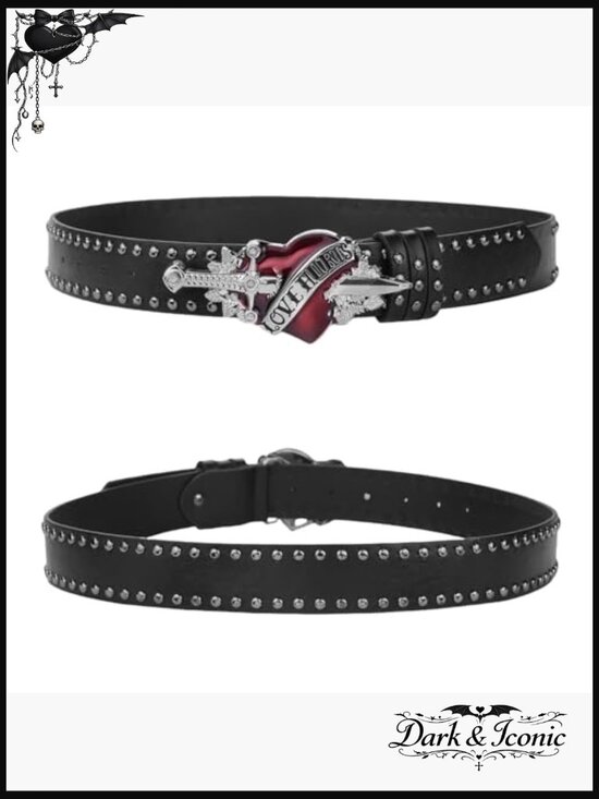 Gothic Punk Belt with Studded Rivets and Heart Buckle for Women